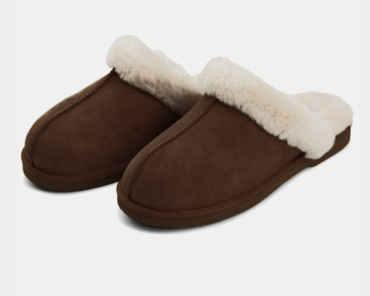 Lammfell Pantoffeln | Wildleder | Offene Ferse Schokolade / S= 36-37