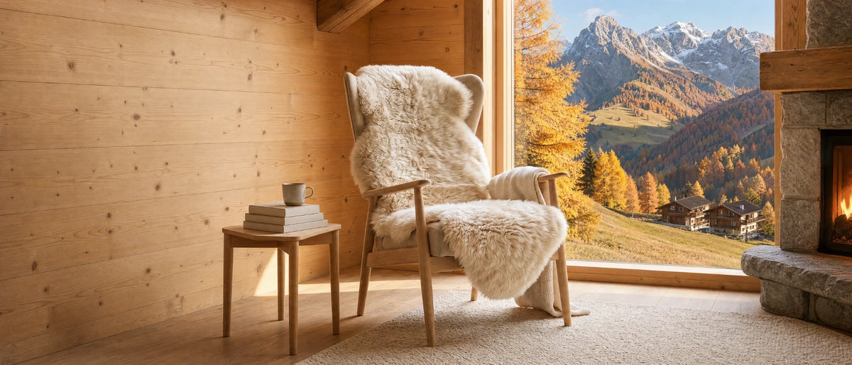 Helles Lammfell auf einem Holzsessel im Chalet mit Blick auf die herbstlichen Alpen