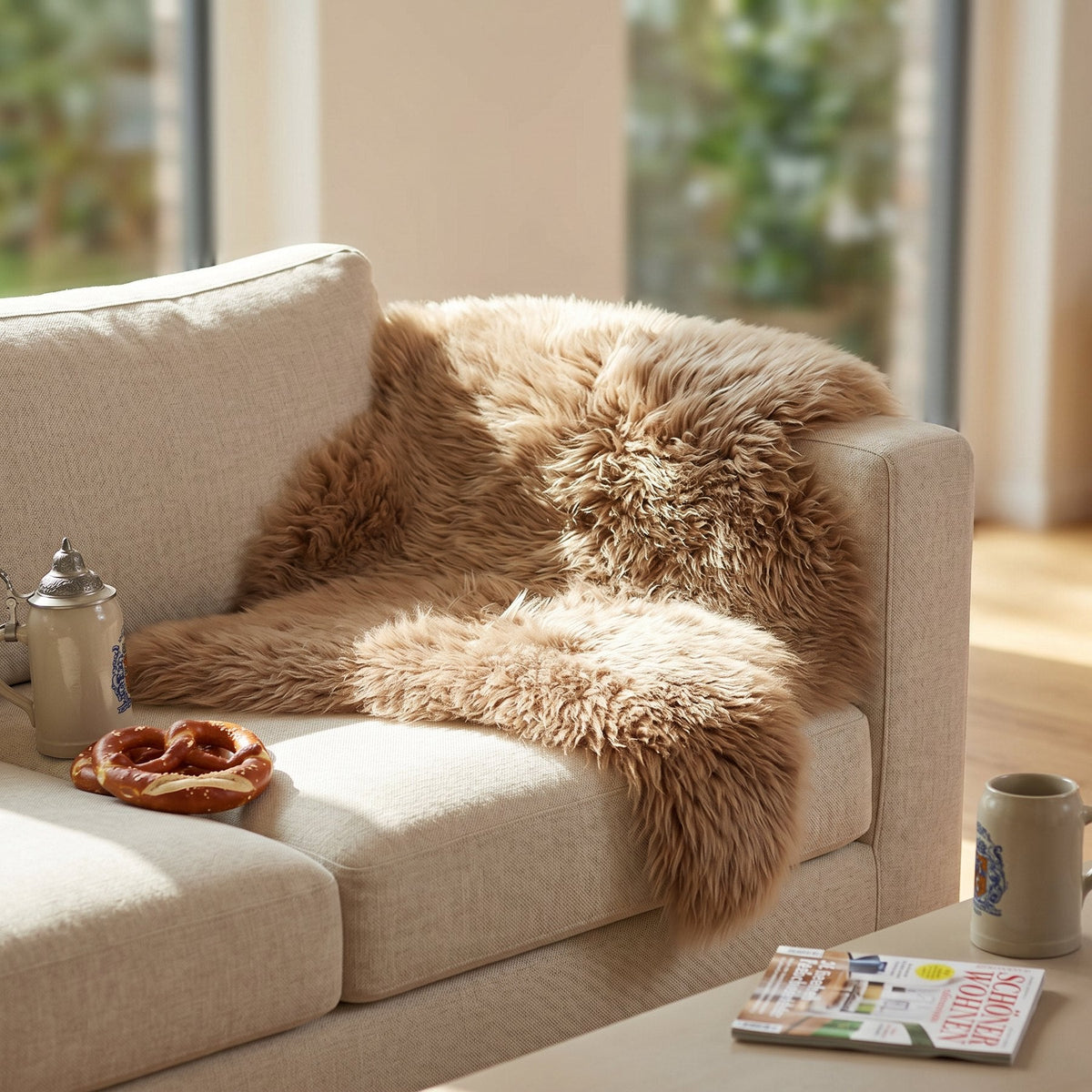 Hellbraunes Lammfell auf einem beigen Sofa in einem sonnigen Wohnzimmer
